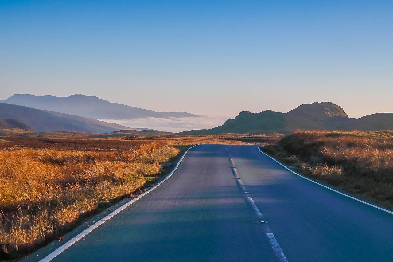 highway, countryside, wales, mountains, nature, travel, road, field, landscape, highway, road, road, road, road, road